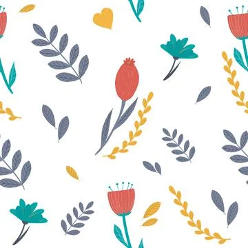 Seamless floral pattern. Fabric design with simple flowers and twig. Cute pat Stock Illustration