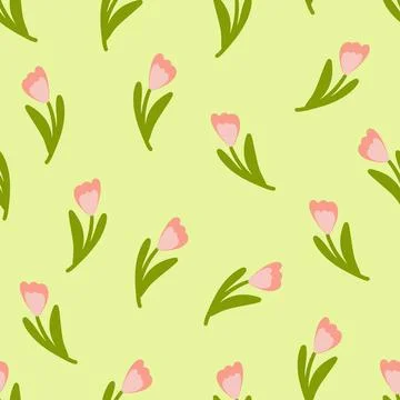Seamless floral pattern featuring pink tulips with green leaves on a soft pastel Stock Illustration