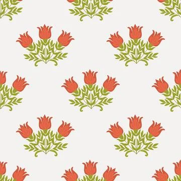 Seamless floral pattern featuring stylized red tulip flowers and green leav.. Stock Illustration