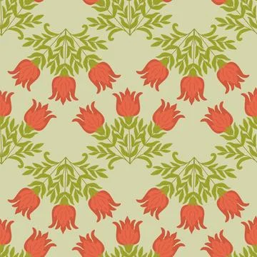 Seamless floral pattern featuring stylized red tulip flowers and green leav.. Stock Illustration