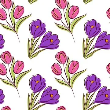 Seamless floral pattern with flat pink tulip and purple crocus with green leaves Stock Illustration