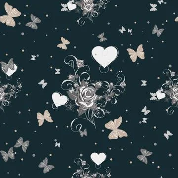 Seamless floral pattern with flowers, Butterfly and heart Stock Illustration