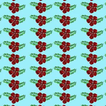 A seamless floral pattern with flowers filled with shiny red glitter on a blu Stock Illustration