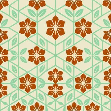 Seamless Floral Pattern with Geometric Hexagonal Grid and Stylized Flowers. Stock Illustration