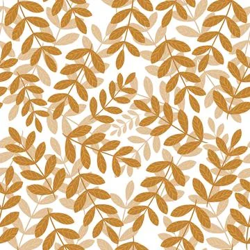 Seamless floral pattern with golden branches with hand drawn leaves on a whit Stock Illustration