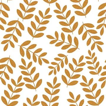 Seamless floral pattern with golden branches with hand drawn leaves on a whit Stock Illustration