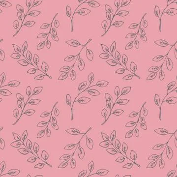 Seamless floral pattern with gray hand drawn leaves on pink background. Stock Illustration