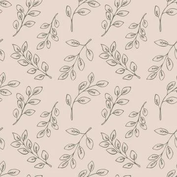 Seamless floral pattern with gray hand drawn leaves on pink background. Stock Illustration