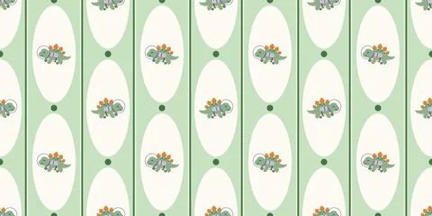 Seamless floral pattern with green stripes and small orange flowers on cream Stock Illustration