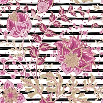 Seamless floral pattern with hand draw fantasy flowers on strip backdrop. Vector Stock Illustration