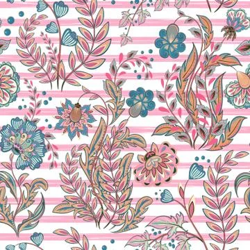 Seamless floral pattern with hand draw fantasy flowers on strip backdrop. Vector Stock Illustration