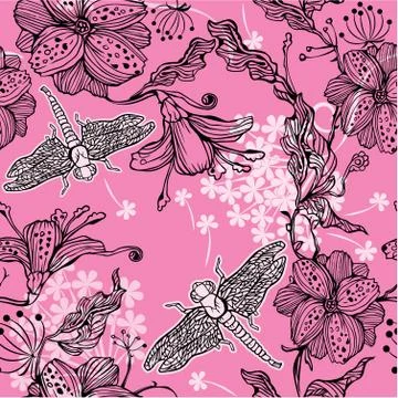 Seamless floral pattern with hand-drawn flowers and dragonflies Illustrazione stock
