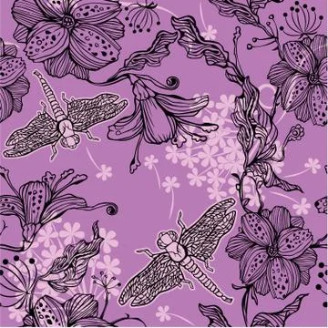 Seamless floral pattern with hand-drawn flowers and dragonflies Stock Illustration