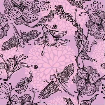 Seamless floral pattern with hand-drawn flowers and dragonflies Stock Illustration