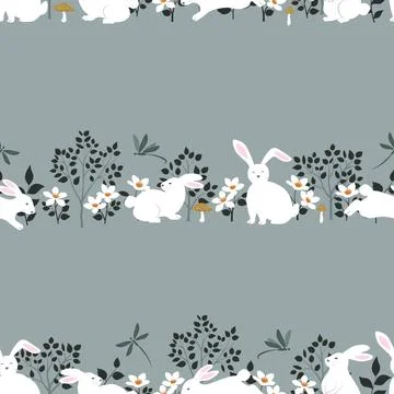Seamless floral pattern with hand drawn cute rabbits,creative for kid produ.. Stock Illustration