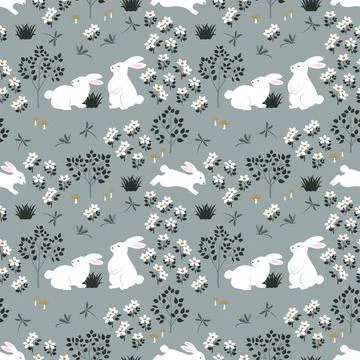 Seamless floral pattern with hand drawn cute rabbits on spring garden Stock Illustration