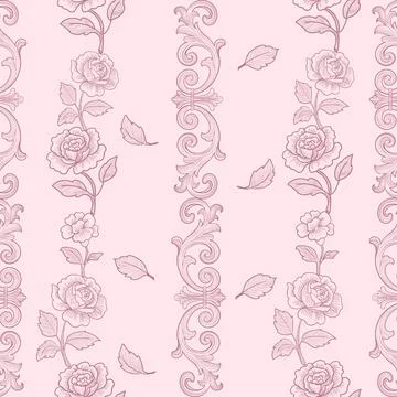 Seamless floral pattern with hand-drawn roses, leaves, and vintage scroll Stock Illustration