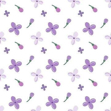 Seamless floral pattern with hand drawn lilac and pink flowers. Cute and minimal Stock Illustration