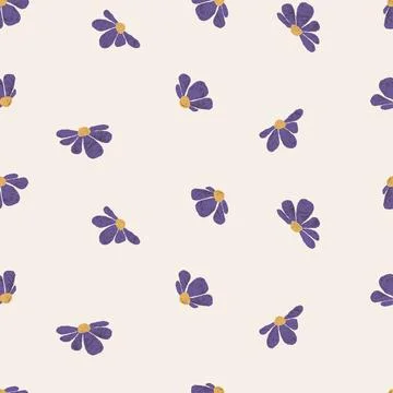 Seamless Floral Pattern With Hand-Drawn Abstract Blooming Purple Flowers An.. Stock Illustration