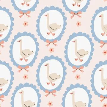 Seamless floral pattern with hand drawn bows, flowers, and goose. Spring su.. Stock Illustration