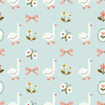 Seamless floral pattern with hand drawn bows, flowers, and goose. Spring su.. Stock Illustration