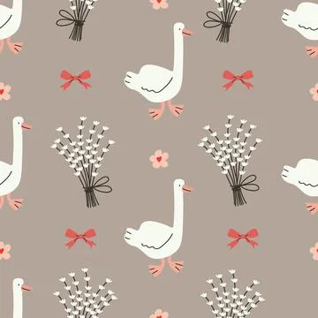 Seamless floral pattern with hand drawn bows, flowers, and goose. Spring su.. Stock Illustration