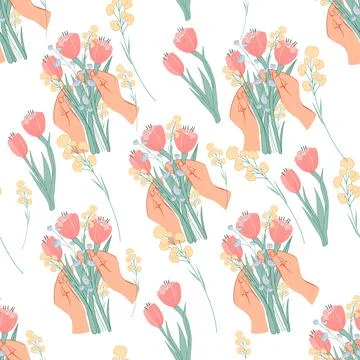 Seamless floral pattern with hands holding flowers, flat vector illustration. Stock Illustration