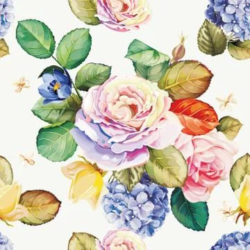 Seamless floral pattern with hydrangea flowers and beautiful roses Illustrazione stock