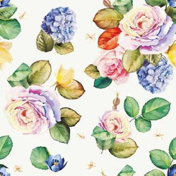 Seamless floral pattern with hydrangea flowers and beautiful roses Illustrazione stock