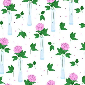 Seamless floral pattern with hydrangeas. Flowers in vases of different shapes Stock Illustration