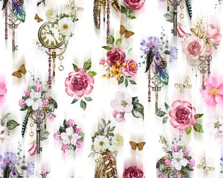 Seamless floral pattern with keys and clocks. Hand painted watercolor illustrati Stock Illustration