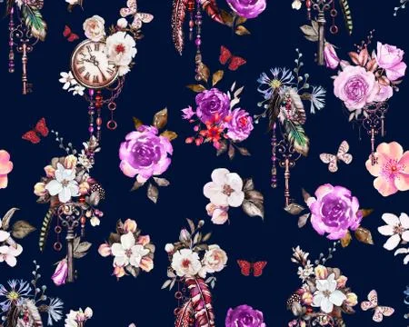 Seamless floral pattern with keys and clocks. Hand painted watercolor illustrati Stock Illustration
