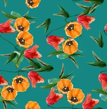 Seamless floral pattern with leaves. Ready for fabric print on green background. Illustrazione stock