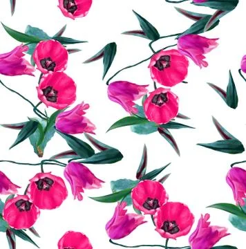 Seamless floral pattern with leaves. Ready for fabric print on white background. Stock Illustration
