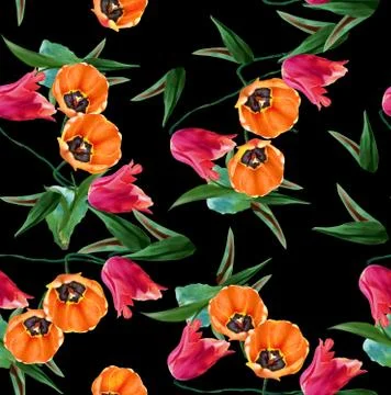 Seamless floral pattern with leaves. Ready for fabric print on black background. イラスト素材