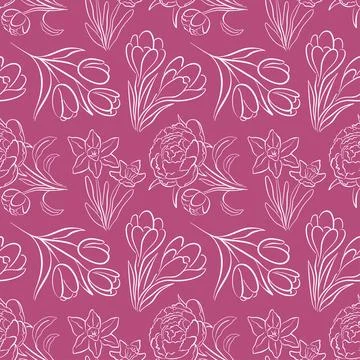 Seamless floral pattern with line art style spring flower including tulip Stock Illustration