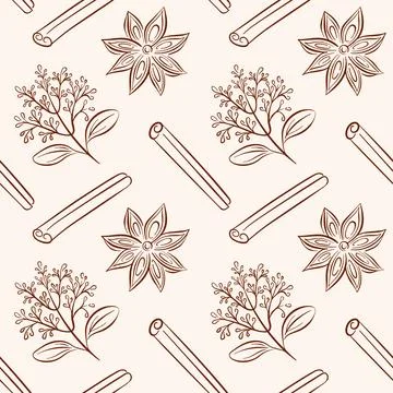 Seamless floral pattern with line art style cinnamon stick, flower branch and Stock Illustration