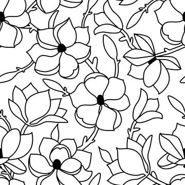 A seamless floral pattern. A linear hand-drawn pattern of flowers and a leaf of Stock Illustration