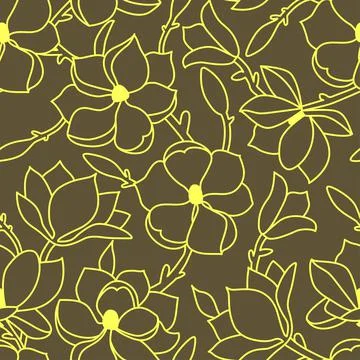 Seamless floral pattern. A linear hand drawing with flowers and leaves of Stock Illustration