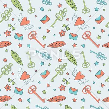 Seamless floral pattern. Love illustration of cute keys, letters and flowers Stock Photos
