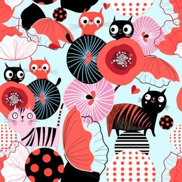 Seamless floral pattern with lovers cats Stock Illustration