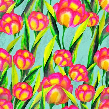 Seamless floral pattern with multi-colored tulip flowers, leaves and petals o Stock Illustration