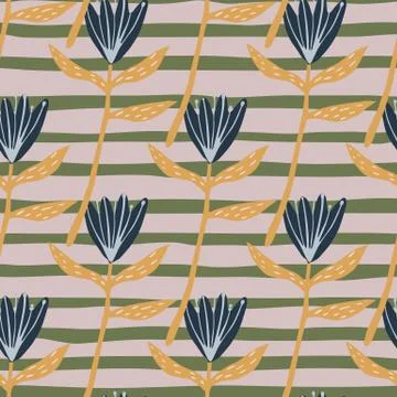 Seamless floral pattern with navy blue tulip flowers. Grey background with st Stock Illustration