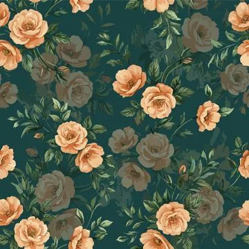 Seamless Floral Pattern with Orange and Dark Roses on a Deep Green Background Stock Illustration
