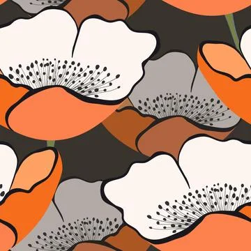 Seamless floral pattern with orange tulips. Cartoon style. Design for fabric Illustrazione stock