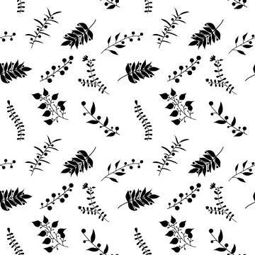Seamless floral pattern with organic vector elements in grey and black: leaves Stock Illustration