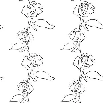 Seamless floral pattern with outline on white background. Stock Illustration