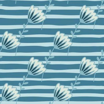 Seamless floral pattern with outlined flowers in white color. Blue background Stock Illustration