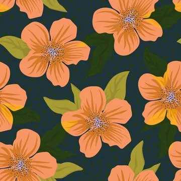 Seamless floral pattern with peach flowers and green leaves on dark background Stock Illustration