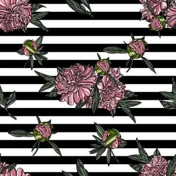 Seamless floral pattern with peony and black stripes. Stock Illustration